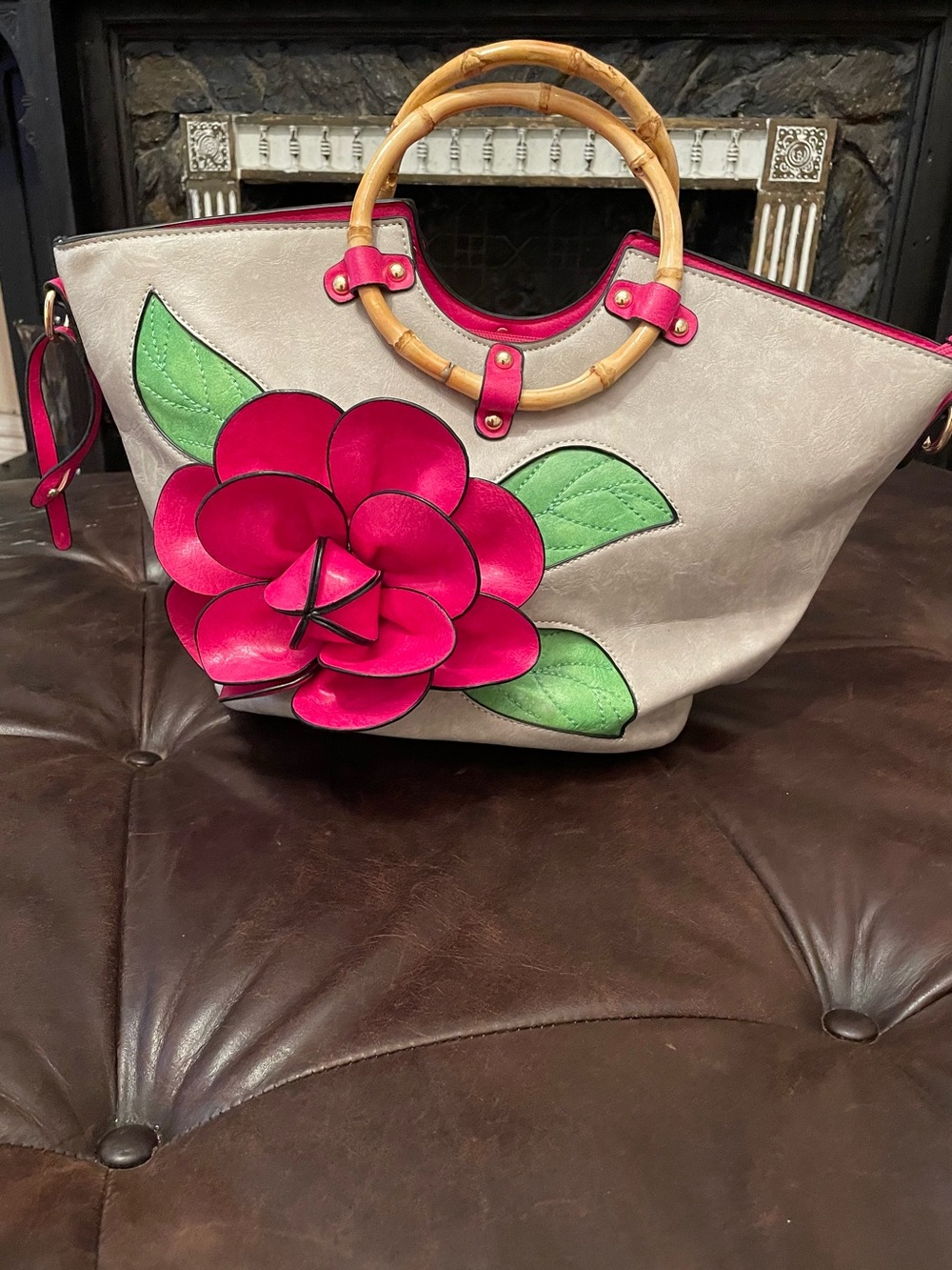 Gray Tote Bag with Pink Flower Accent and Bamboo Handles